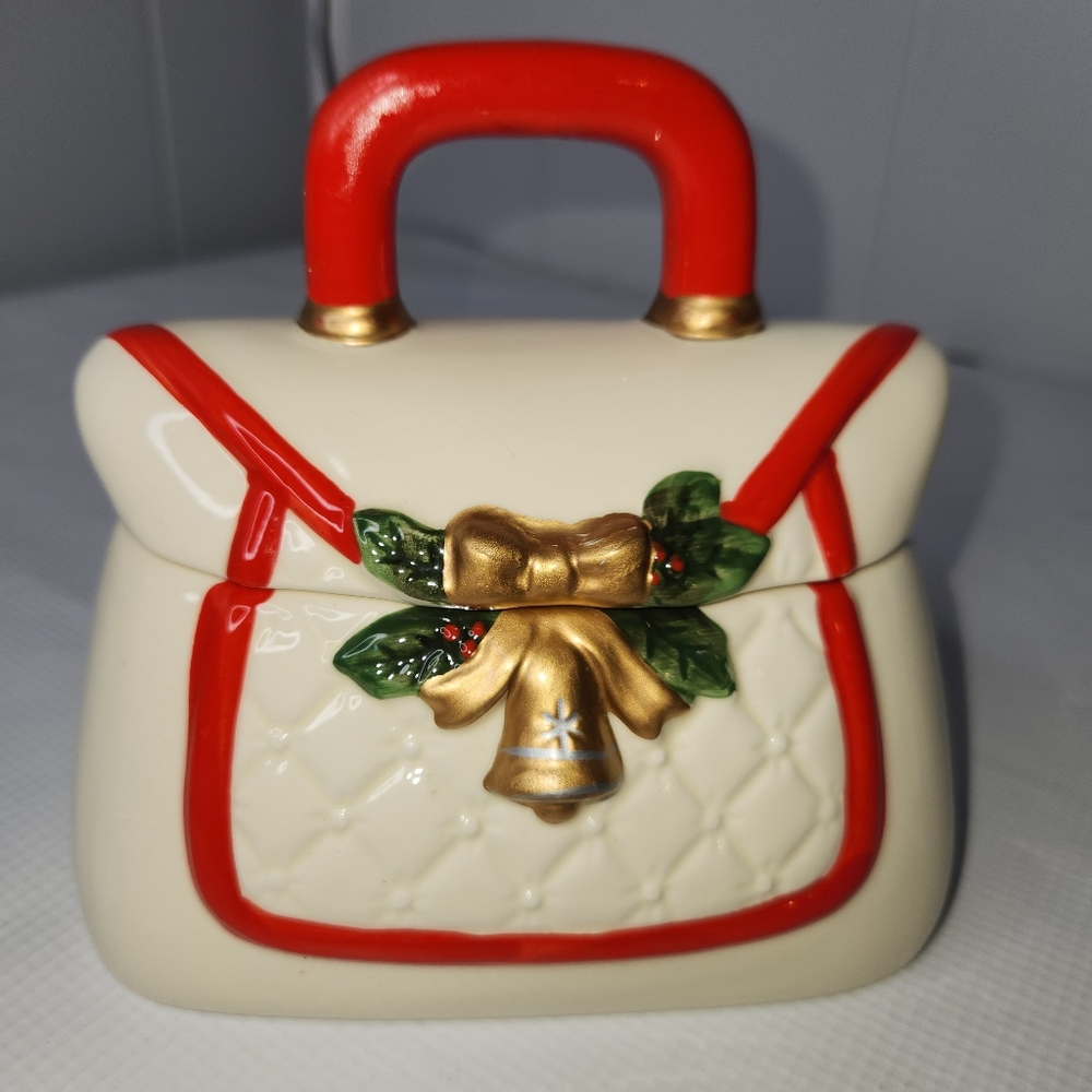 DAVIDS COOKIES Cookie Jar Holiday Purse  Candy  Gold Bell Holly Christmas Pretty